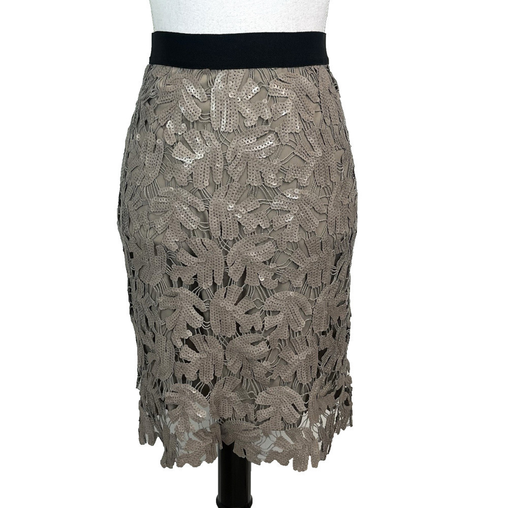 BCBG MaxAzria Skirt size Small Gray Taupe Sequins Pencil Knee Cocktail Wedding